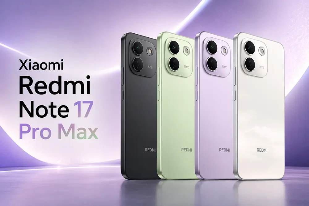 Xiaomi Redmi Note 17 Pro Max у чорному, зеленому, бузковому та білому кольорах на преміальному футуристичному фоні